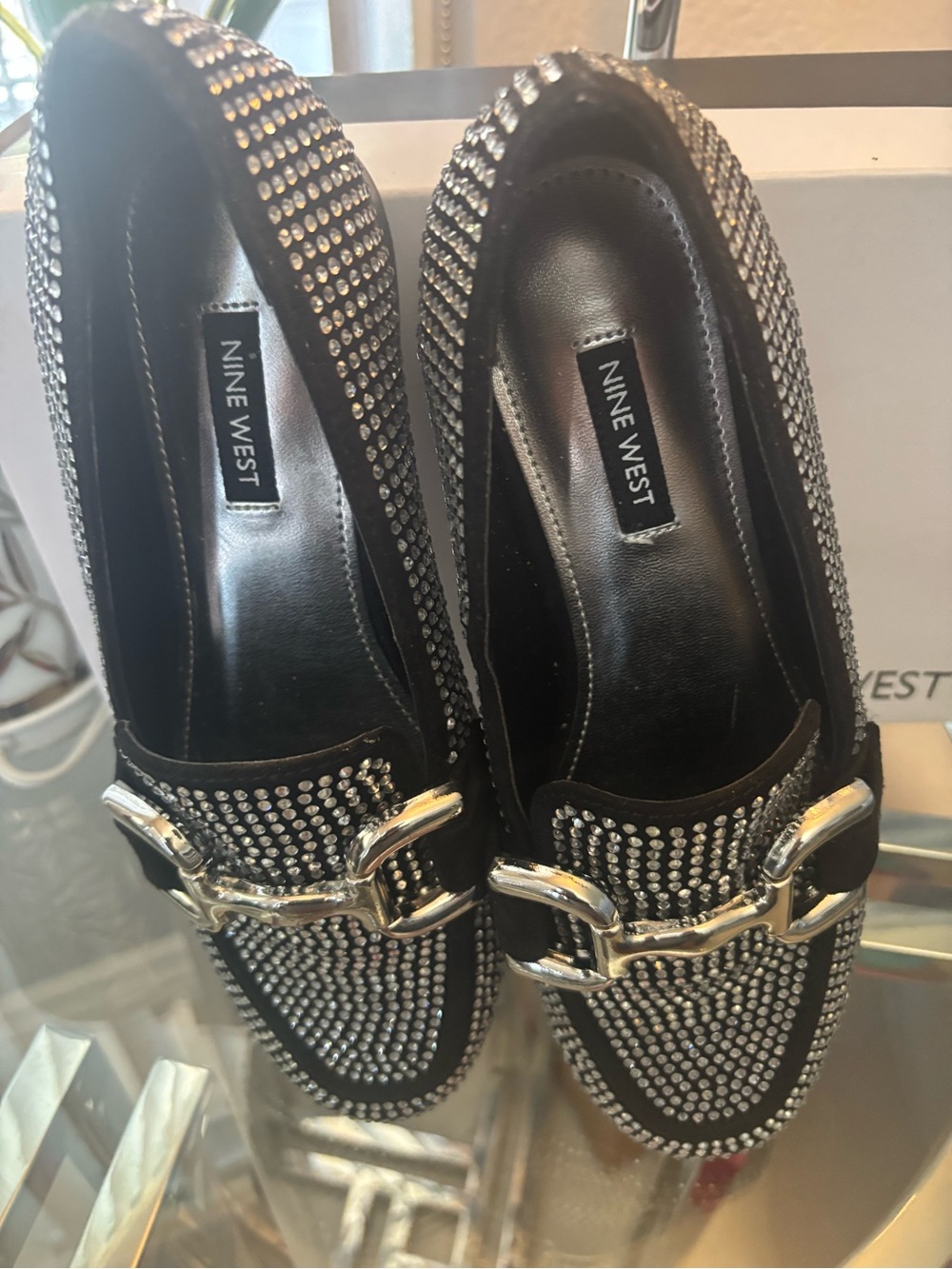 Nine West Black Crystal-Studded Loafers with Silver Hardware